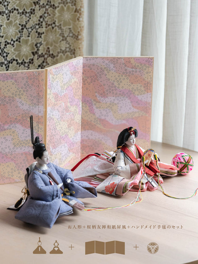 【テ - 薄桜に椿、淡い青の亀甲】+お飾り