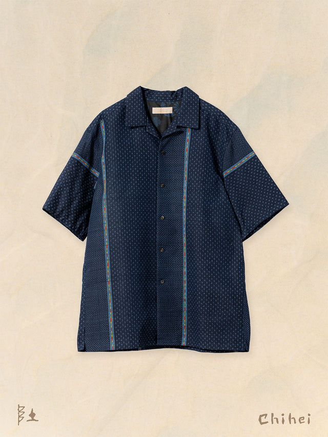 Navy Juujikasuri and Striped Silk Aloha Shirt