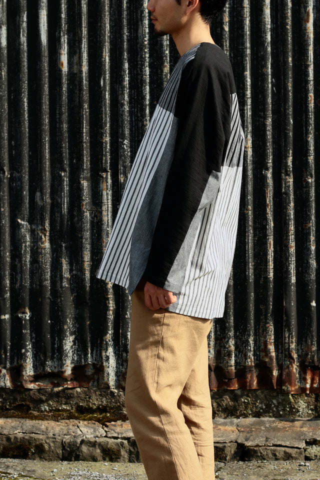 Stripe Khadi Cotton Merge Long Pullover-White