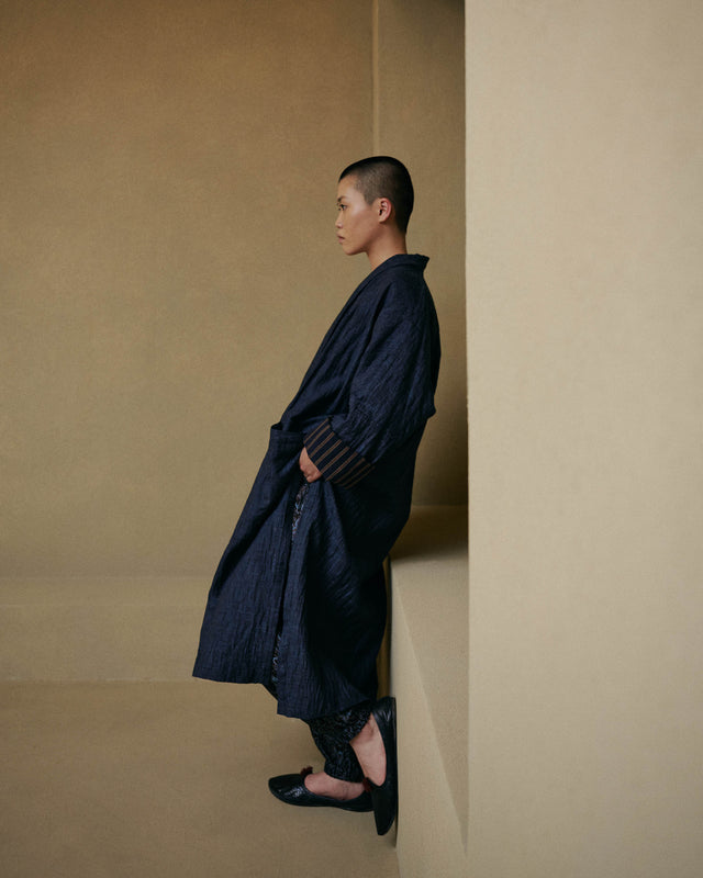Wrinkled Linen Slit Coat - NAVY