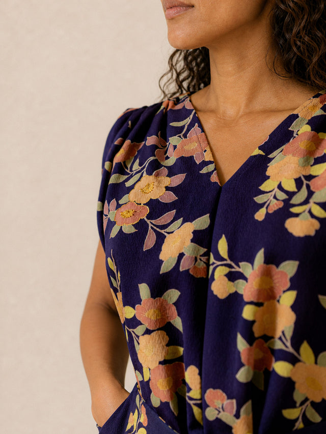 Camellia on Navy — Dress | Chihei Collection | kimono upcycle dress | Tsuruto