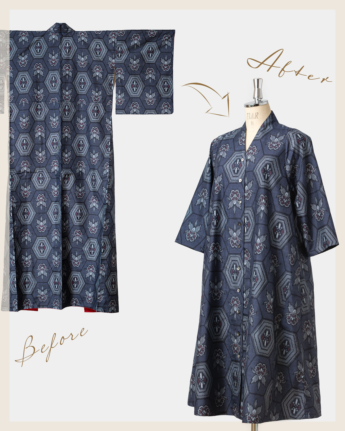 亀甲の大島紬を「茶ボタンドレス」にリメイク：ビフォーアフター画像（Compare）