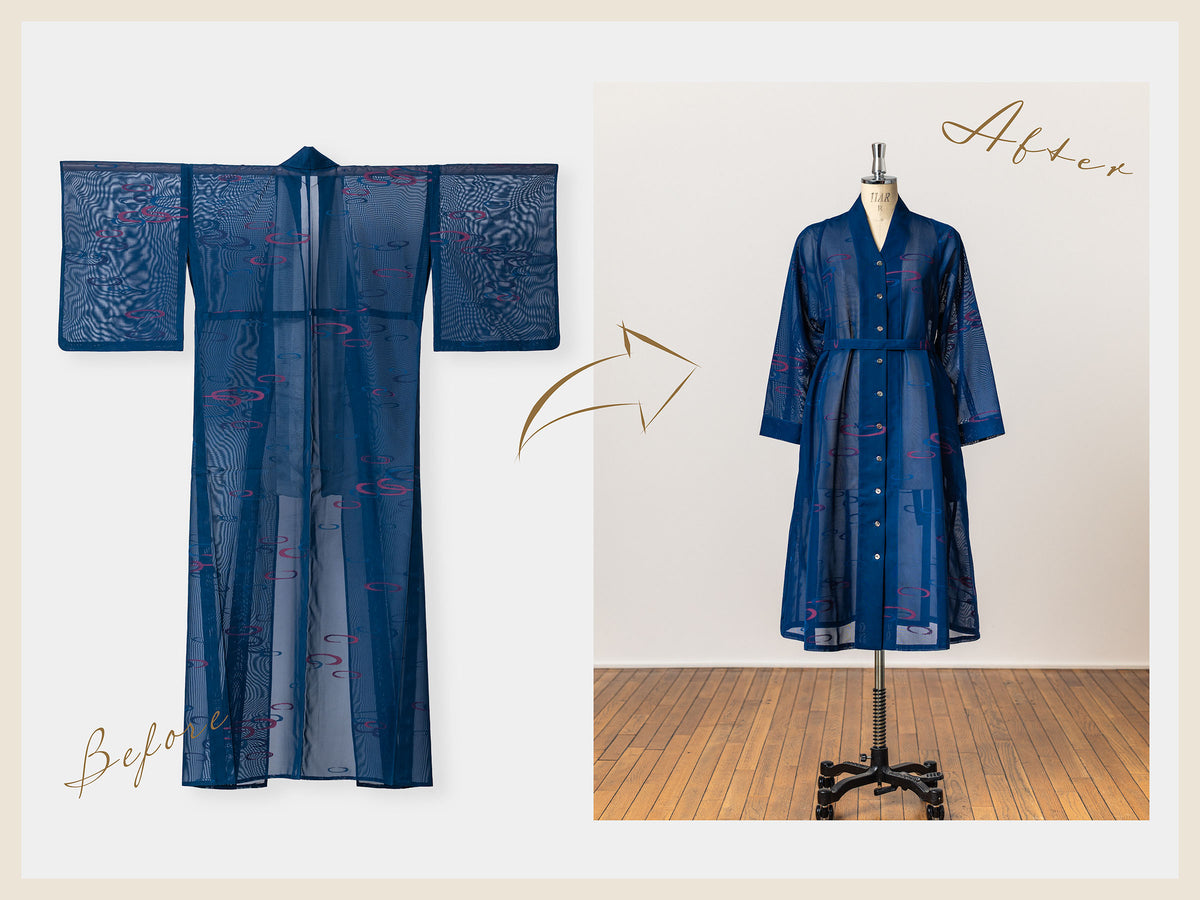 紺地の絽・紗を「茶ボタンドレス」にリメイク：ビフォーアフター画像（Compare）