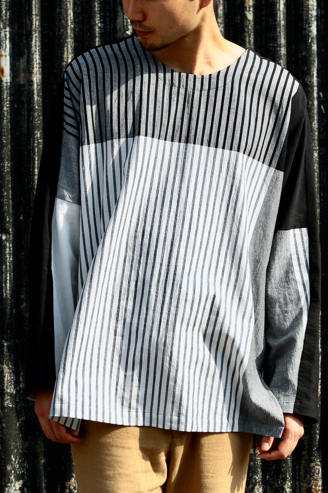 Stripe Khadi Cotton Merge Long Pullover-White