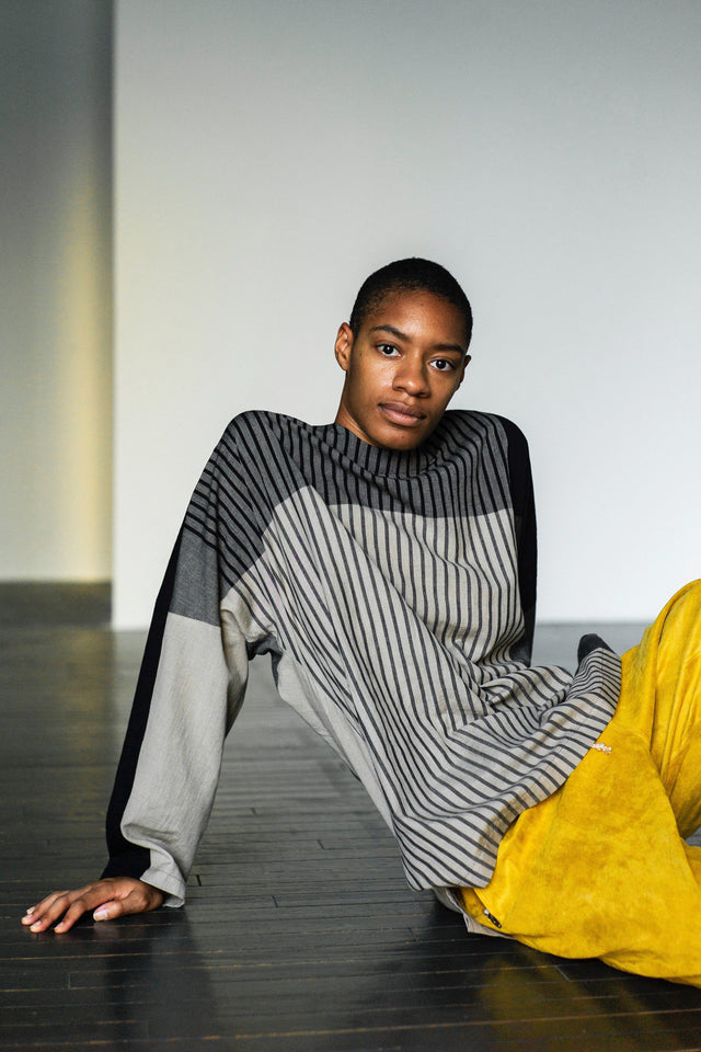 Stripe Khadi Cotton Merge Long Pullover-Beige | YANTOR