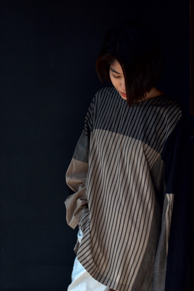 Stripe Khadi Cotton Merge Long Pullover-Beige | YANTOR