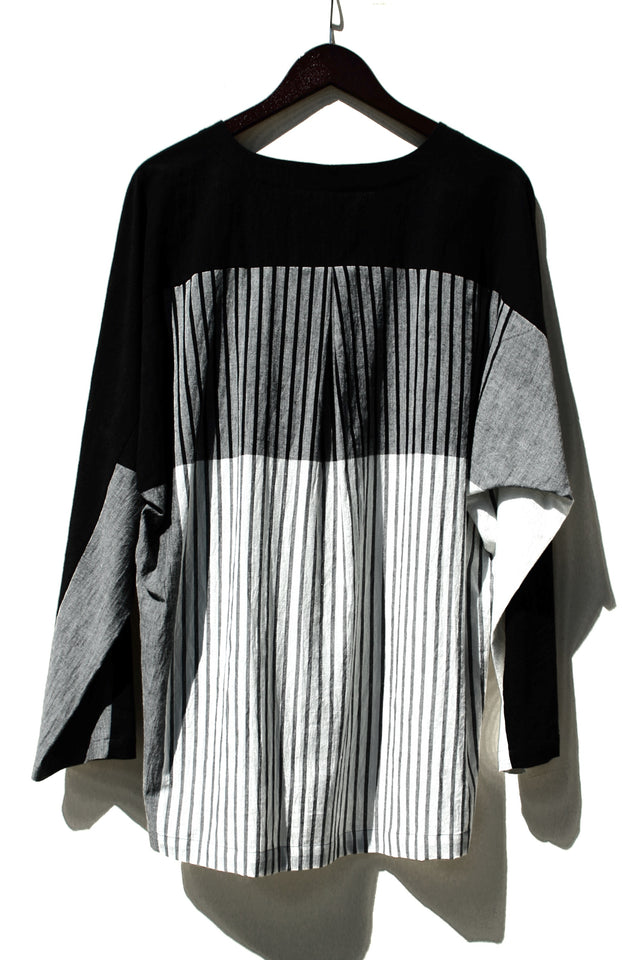 Stripe Khadi Cotton Merge Long Pullover-White